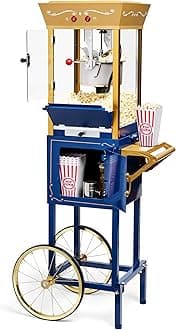 Nostalgia Popcorn Maker Machine - Professional Cart with 8 oz Kettle Makes Up To 32 Cups - Vintage Popcorn Machine Cinema Style - Navy & Gold