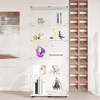 FANYUSHOW Glass Display Cabinet with Double Doors and Lock, Quick-Install Style 5-Shelf Curio Cabinet 5mm Tempered Glass Floor Standing Bookshelf for Living Room, Bedroom, 75" H x 32''L x 15''W, White