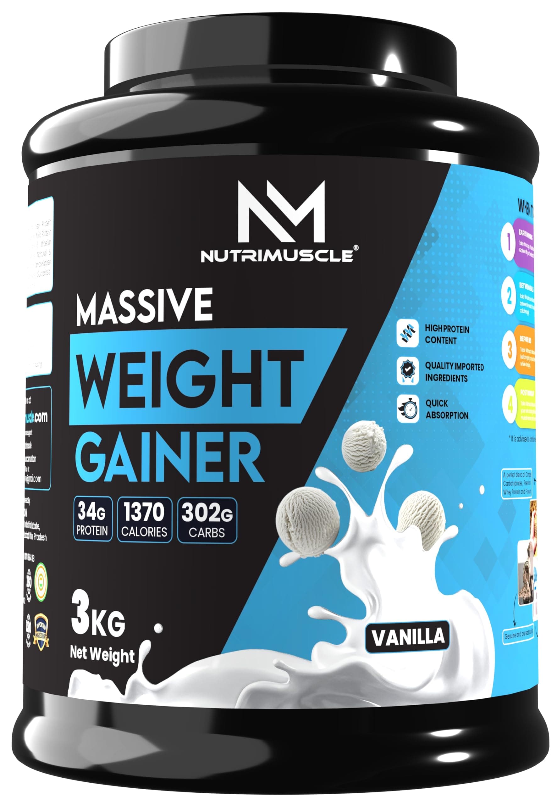 Massive Weight Gainer - 3.5 Kgs - Vanilla Flavour - For Weight & Mass Gain - Contains Complex Carbohydrates,Protein and Imported Ingredients