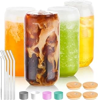 BEWAVEDrinking Glass Set of 4, 16oz Can Shaped Glasses Cups, Iced Coffee Glasses, Beer Tumbler, for Whiskey, Soda, Tea, Juice, Gift, with Lid, Straw and Sleeve