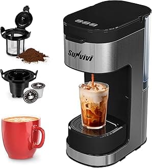 3-in-1 Single Serve Coffee Machine Brewer for K Pod Pods, Ground Coffee, and Teas, Iced Coffee Maker with Removable Water Reservoir 6 to 14oz, 2 Cup Trays, Self-Cleaning Function - Black