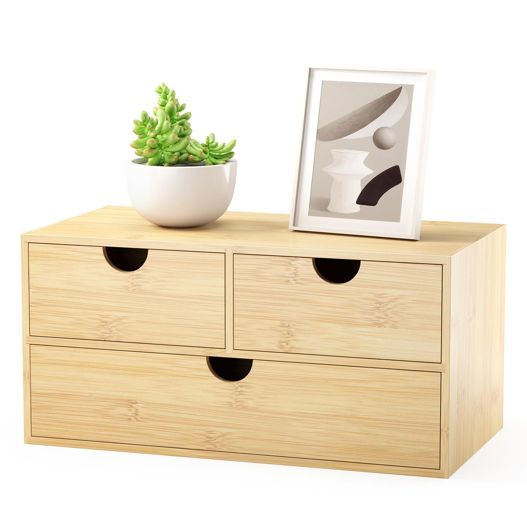 Bamboo Desk Organizer with Drawers - Small Desktop Countertop Mini Tabletop Storage Container - No Assembly Required