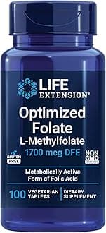 Life Extension Optimized Folate – L-methylfolate – Heart & Brain Support, Healthy Homocysteine Levels – Non-GMO, Gluten-Free, Vegetarian – 1700 mcg DFE, 100 Vegetarian Tablets