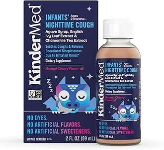 KinderMed Infants' Nighttime Cough, Organic Agave Syrup, English Ivy Leaf Extract, Chamomile Tea Extract, No Dyes, No Artificial Flavors or Sweeteners, Ages 2 Months+, Natural Cherry Flavor (2 Fl Oz)