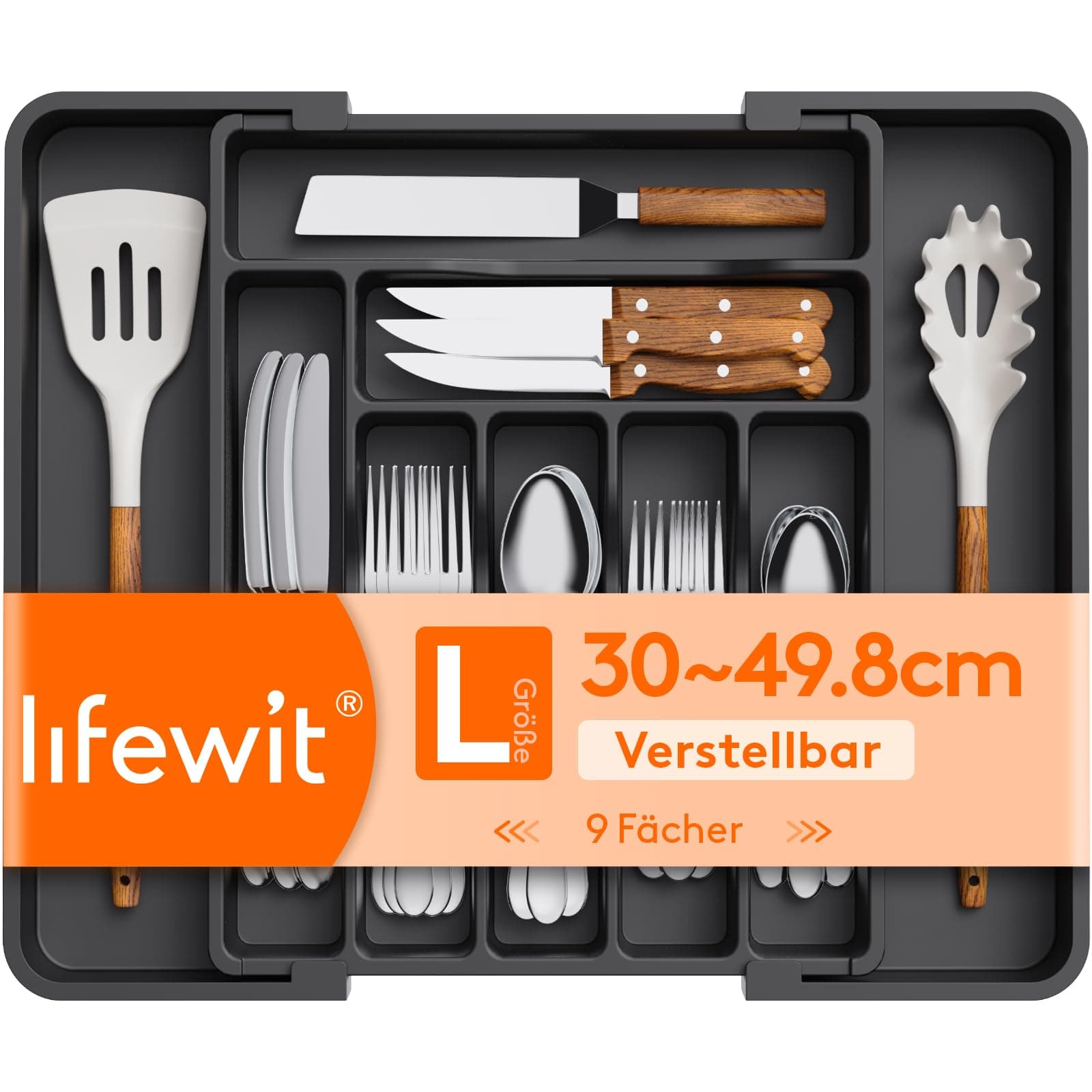 Lifewit Silverware Drawer Organizer, Expandable Utensil Organizer for Kitchen Drawers, Adjustable Cutlery and Flatware Tray, Plastic Spoons Forks Knives Holder Storage Dividers, Medium, Black