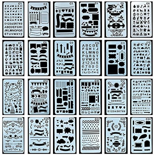 Bullet Journal Stencil Plastic Planner Stencils Journal/Notebook/Diary/Scrapbook DIY Drawing Template Stencil 4x7 Inch, 24 Pieces