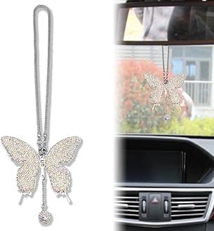 Butterfly Car Hanging Ornament, Crystal Butterfly Car Rear View Mirror Charms Good Luck Amulet Ornament Car Decoration Valentine's Day Gifts Lucky Hanging Interior Ornament Pendant (Ab Color)