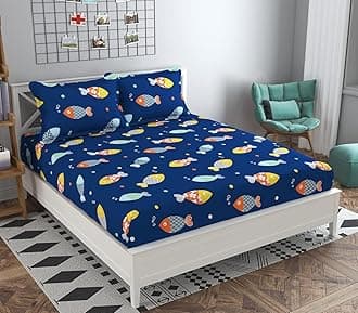 Filymore Cute Fish Double Bed Sheet for Queen Size Bed with 2 Pillow Covers for Kids Bedroom 240 TC Made with Pure Microfiber, Color Blue and Yellow (90x90 inches)