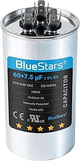 [2025 Updated] BlueStars 60+7.5 uF 60/7.5 MFD ±5% 370 or 440 Volt AC CBB65B Dual Run Round Capacitor Replacement Part, For AC Motor Run Condenser Straight Cool Heat Pump Air Conditioner HVAC Capacitor