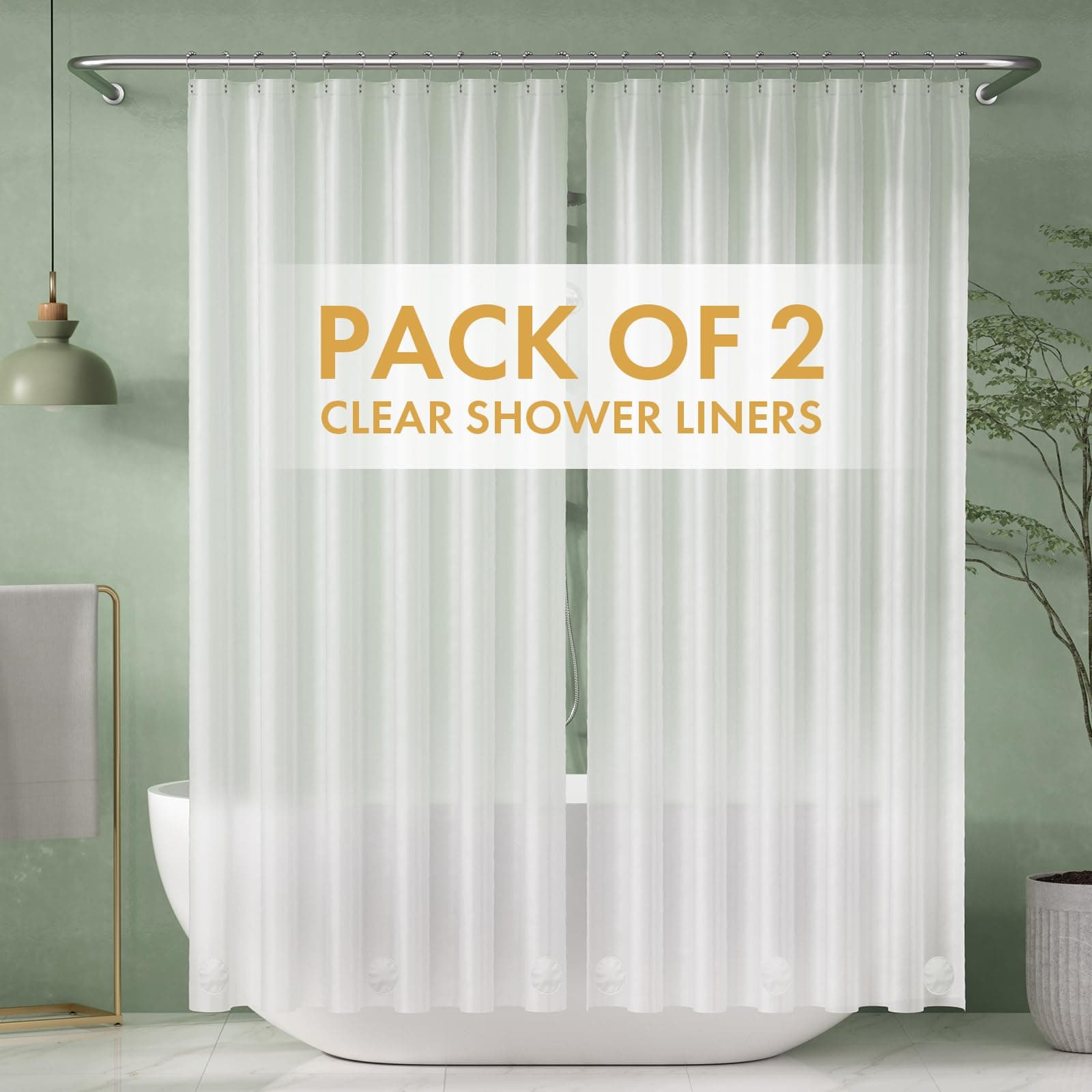 2 Pack Thin Shower Curtain Liners, 72 x 72 Inches PEVA 3G Shower Curtains with Stones and 12 Grommet Holes, Waterproof Thin Plastic Liners- Frosted