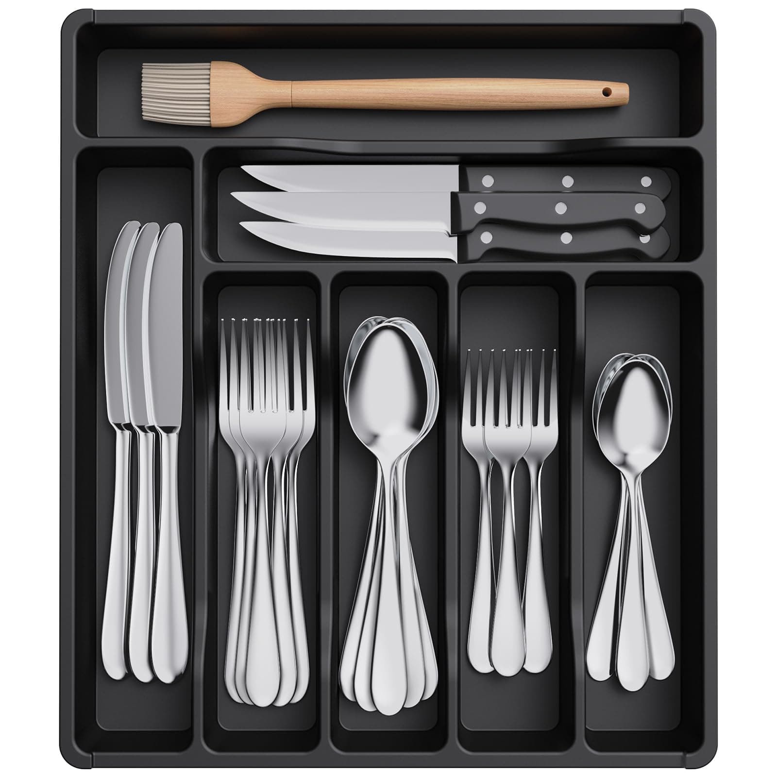 Lifewit Silverware Drawer Organizer Tray, Plastic Cutlery Storage for Kitchen, Flatware and Utensil Holder Divider for Spoons Forks Knives Tableware, 12.3 x 14.2", 7 Slots, Black