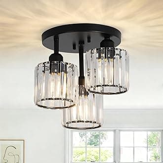 Crystal Semi Flush Mount Ceiling Light,3-Light Modern Close to Ceiling Light Fixtures,Black Kitchen Light Fixtures with Clear Crystal Shade,Hallway Light Fixtures for Hallway Bedroom Bathroom