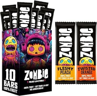 Zombie Fruit Bars, Orange & Peach (10 Bars, 2 Flavours), 100% Dried Fruit, Healthy Snacks, Adults, Kids, Office, Low Calorie, Gluten Free, Vegan, Halal, Bulk, Real Fruit, No Added Sugar, Natural