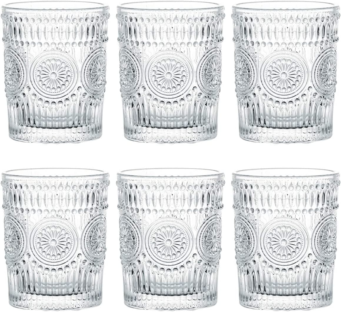 6 Pack 9.5 oz Romantic Water Glasses, Premium Drinking Glasses Tumblers, Vintage Glassware Set for Whisky, Beer, Juice, Beverages, Cocktail