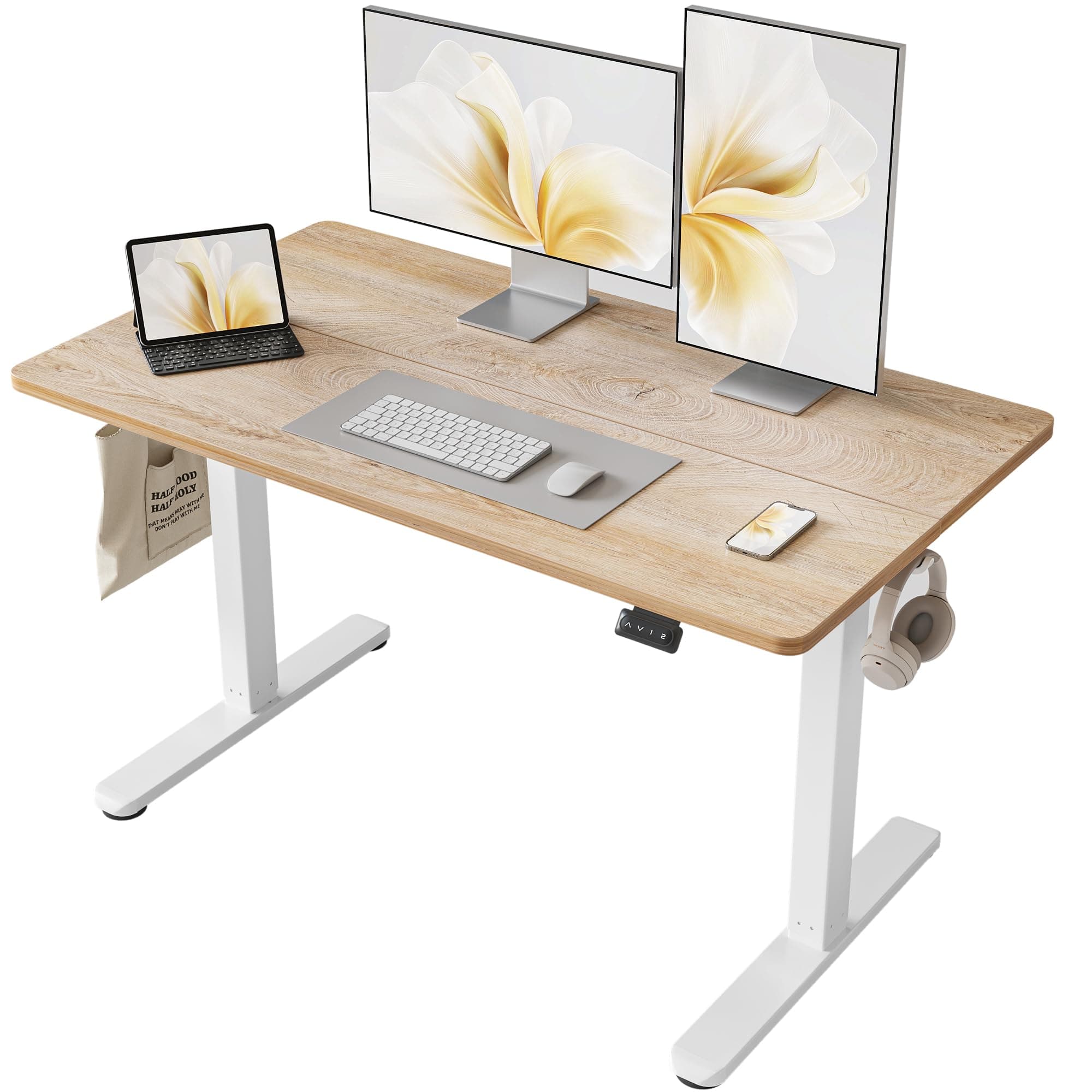 Cubiker Standing Desk, Stand up Height Adjustable Home Office Electric Desk, 48 x 24 Inch Sit Stand Table with Splice Board, Maple Desktop