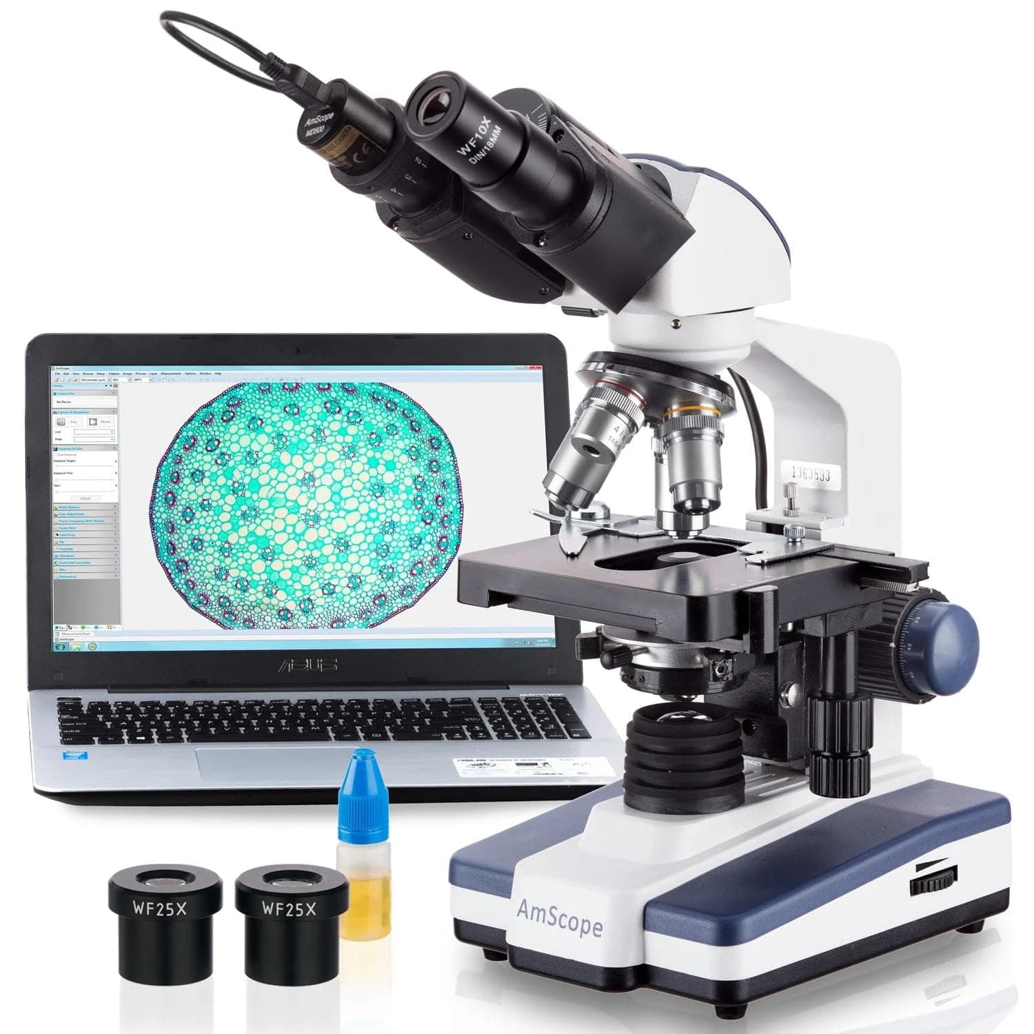 AmScope B120 Series Student & Professional LED Binocular Compound Microscope - 40X-2500X Magnification - Includes 3MP USB Camera & Siedentopf Head