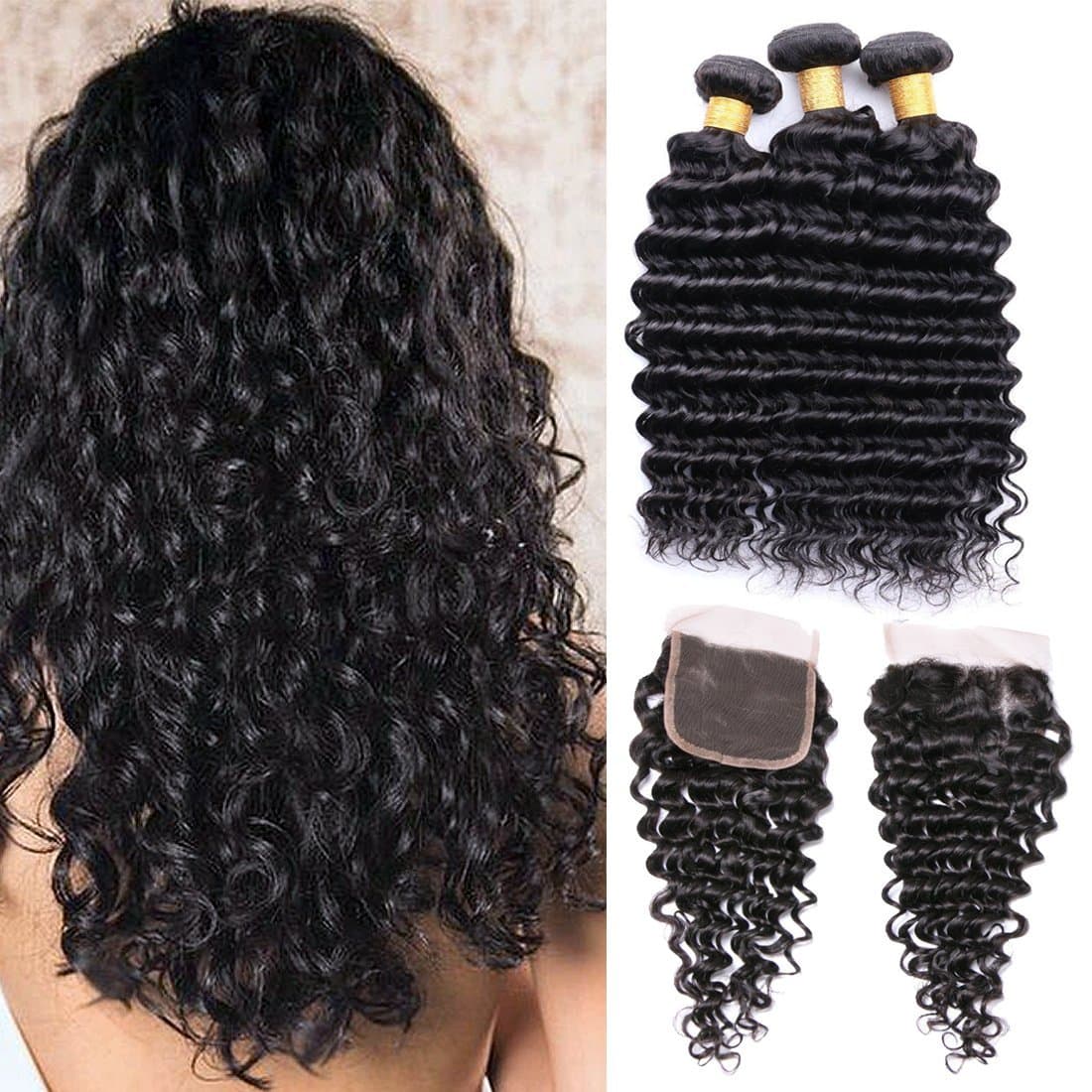 Frontal Lace Closure With Bundles Brazilian Deep Weave With Closure Human Hair 3 Bundle With 4x4 Closure With Baby Hair Remy Hair Cheap Sale 12 14 16 +10inch