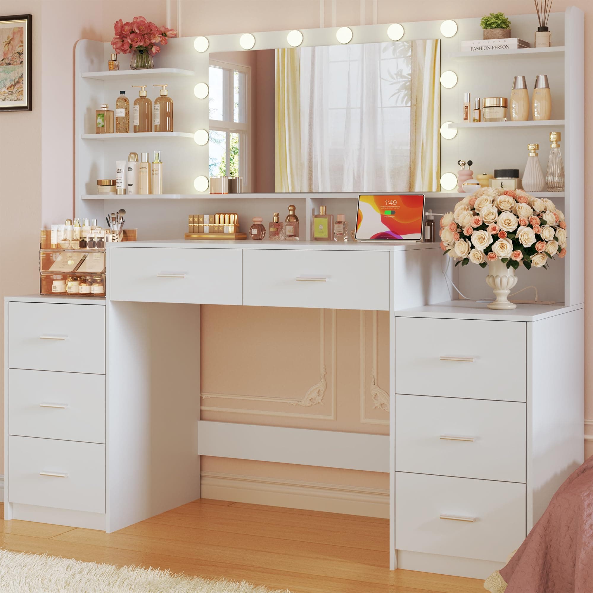 Large Vanity Desk with Mirror & Lights, White Makeup Vanity with 8 Drawers & 6 Storage Shelves, Vanity Set with LED Lights and Power Outlet, 3 Lighting Modes, Adjustable Brightness
