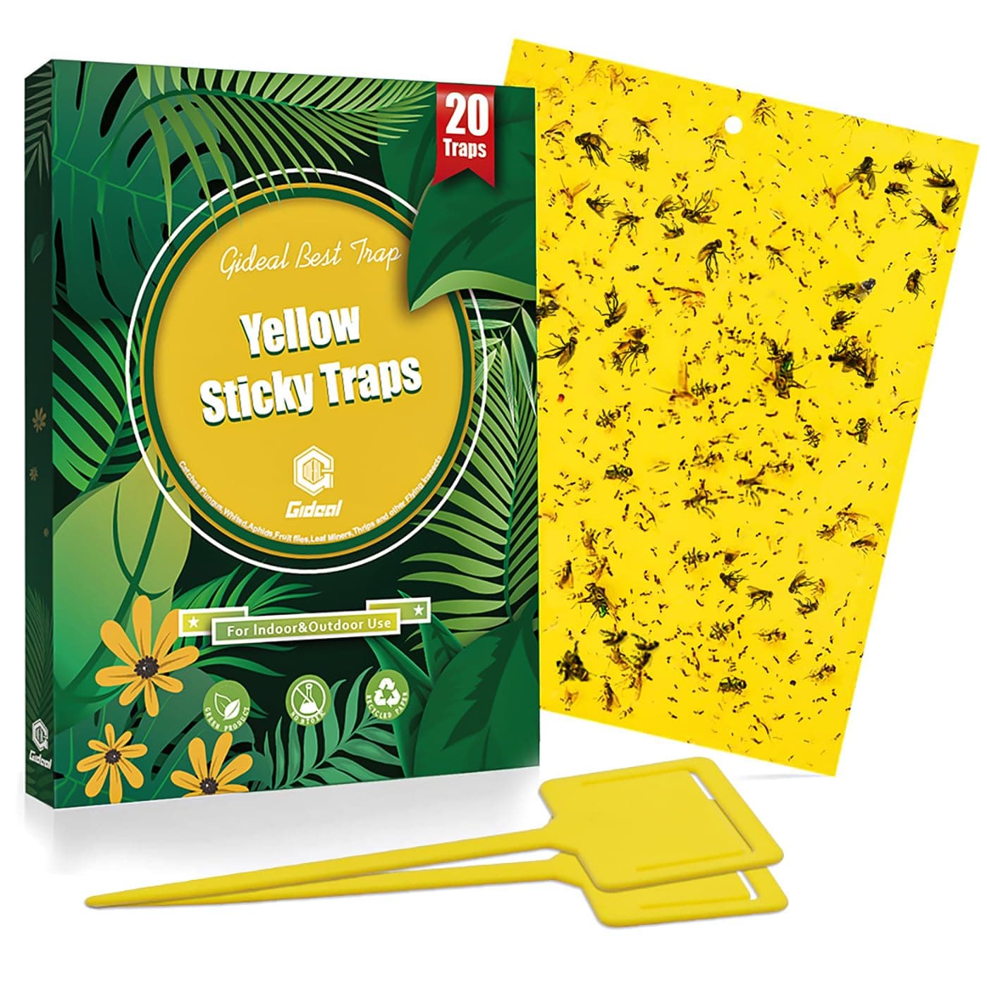 Gideal 20-Pack Dual-Sided Yellow Sticky Traps for Flying Plant Insect Such as Fungus Gnats, Whiteflies, Aphids, Leafminers,Thrips - (6x8 Inches, Included 20pcs Twist Ties)