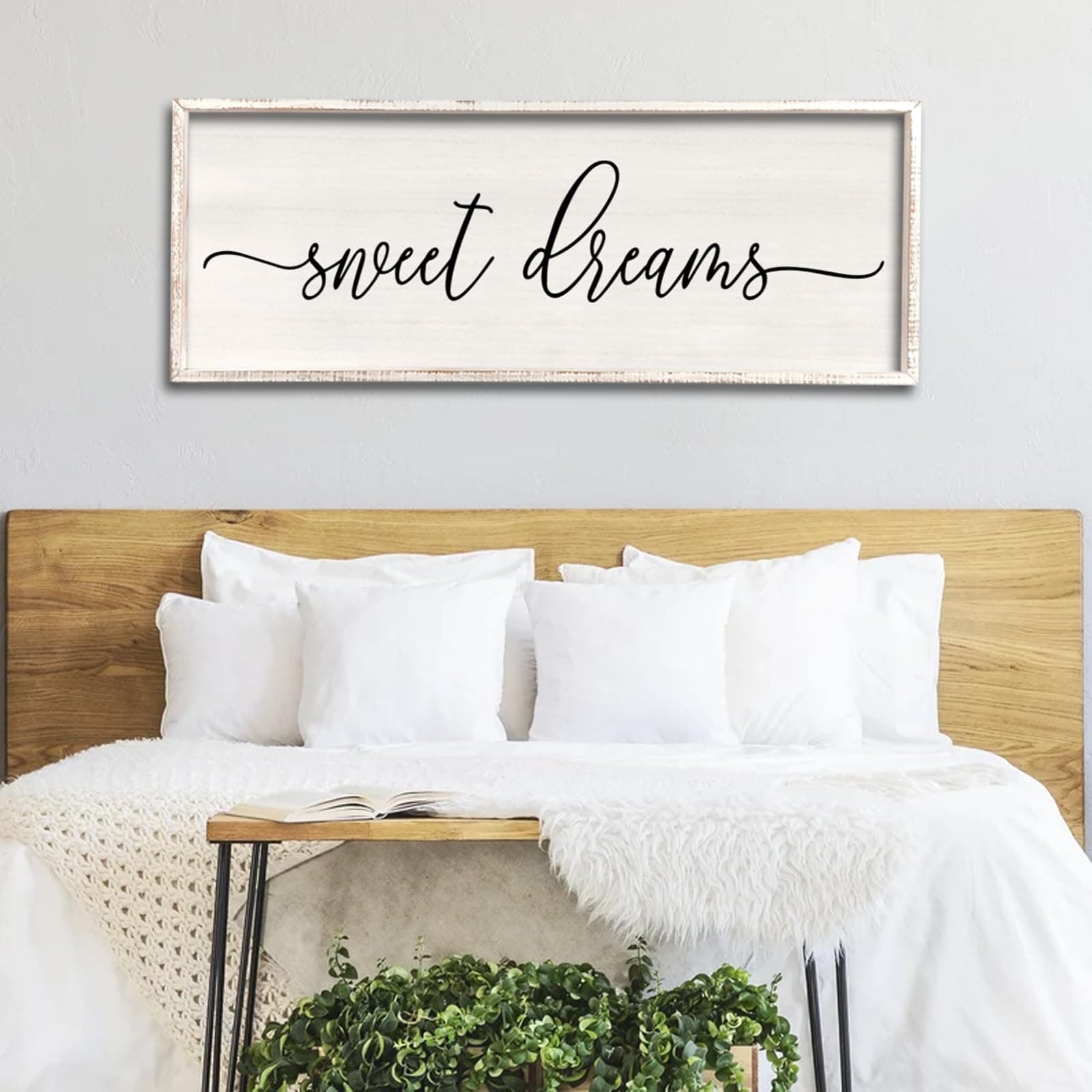 Surfapans Sweet Dreams Wall Decor Above Bed 40''×15'' Master Bedroom Large Sweet Dreams Sign Farmhouse Wall Decor Guest Room Wood Rustic Framed Wall Art Hanging Decoration (White)