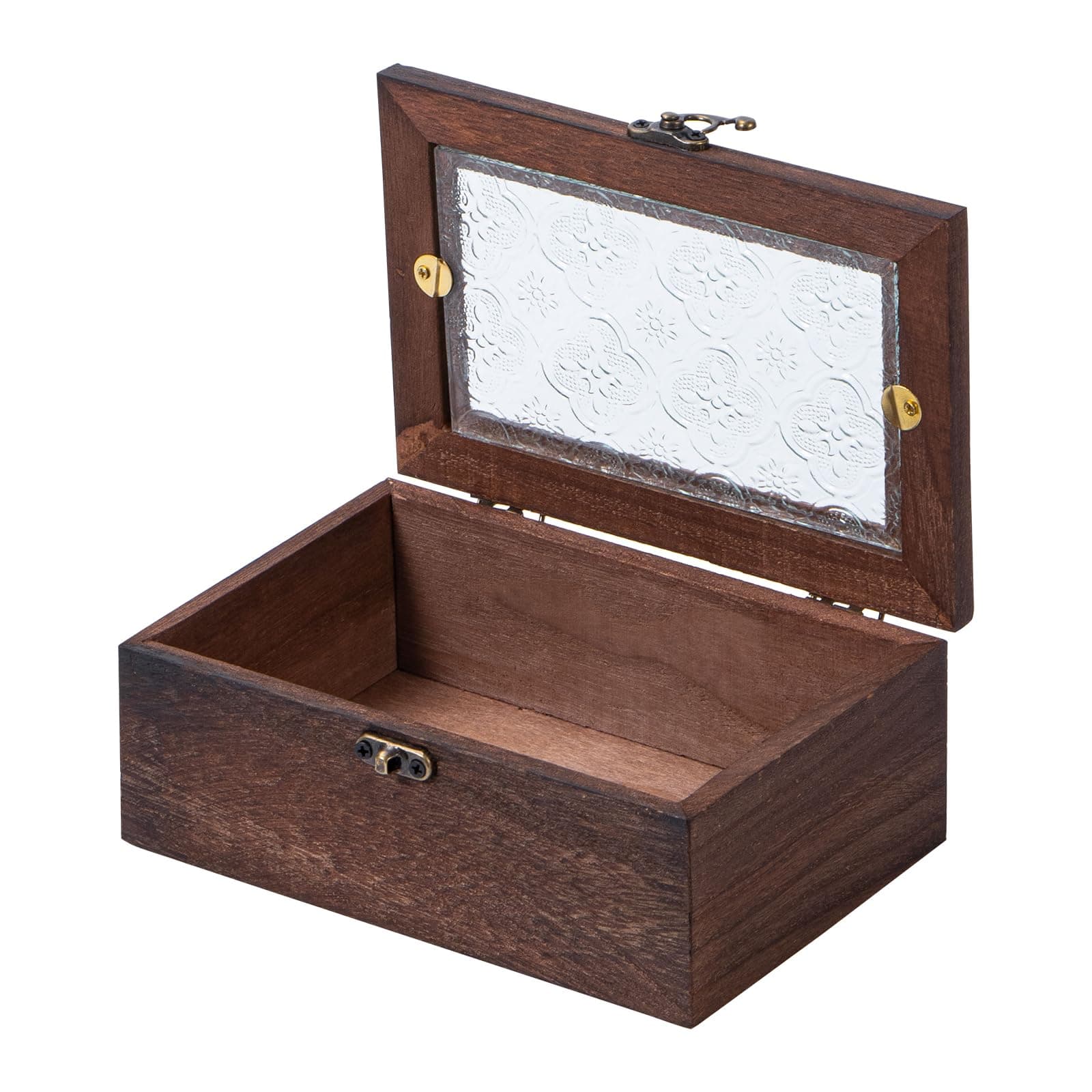 Wooden Storage Box with Front Clasp & Hinged Glass Lid, 6.9"x4.7"x2.7" Wood Keepsake Boxes for Jewelry, Card, Peals, Rustic Memory Gift Box Wedding, Anniversaries，Birthday,Vintage Color