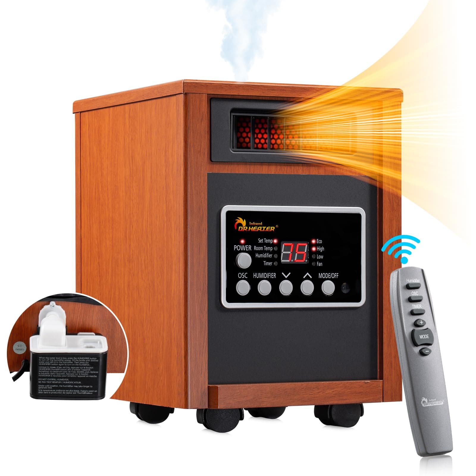 DR-998, 1500W, Advanced Dual Heating System with Humidifier and Remote Control, Cherry, Standard