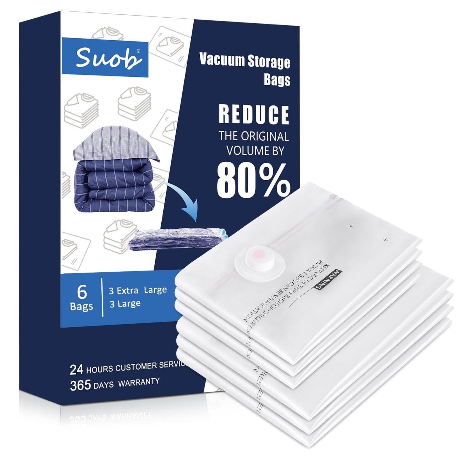 Suob 6 Pack Vacuum Storage Bags, 100 x 75cm + 80 x 60 cm Double Zip Seal Reusable for Bedding, Double Duvet, Pillows, Mattress, Quilt, Clothes, Sweaters, Dress, Coats, Curtains, Blankets