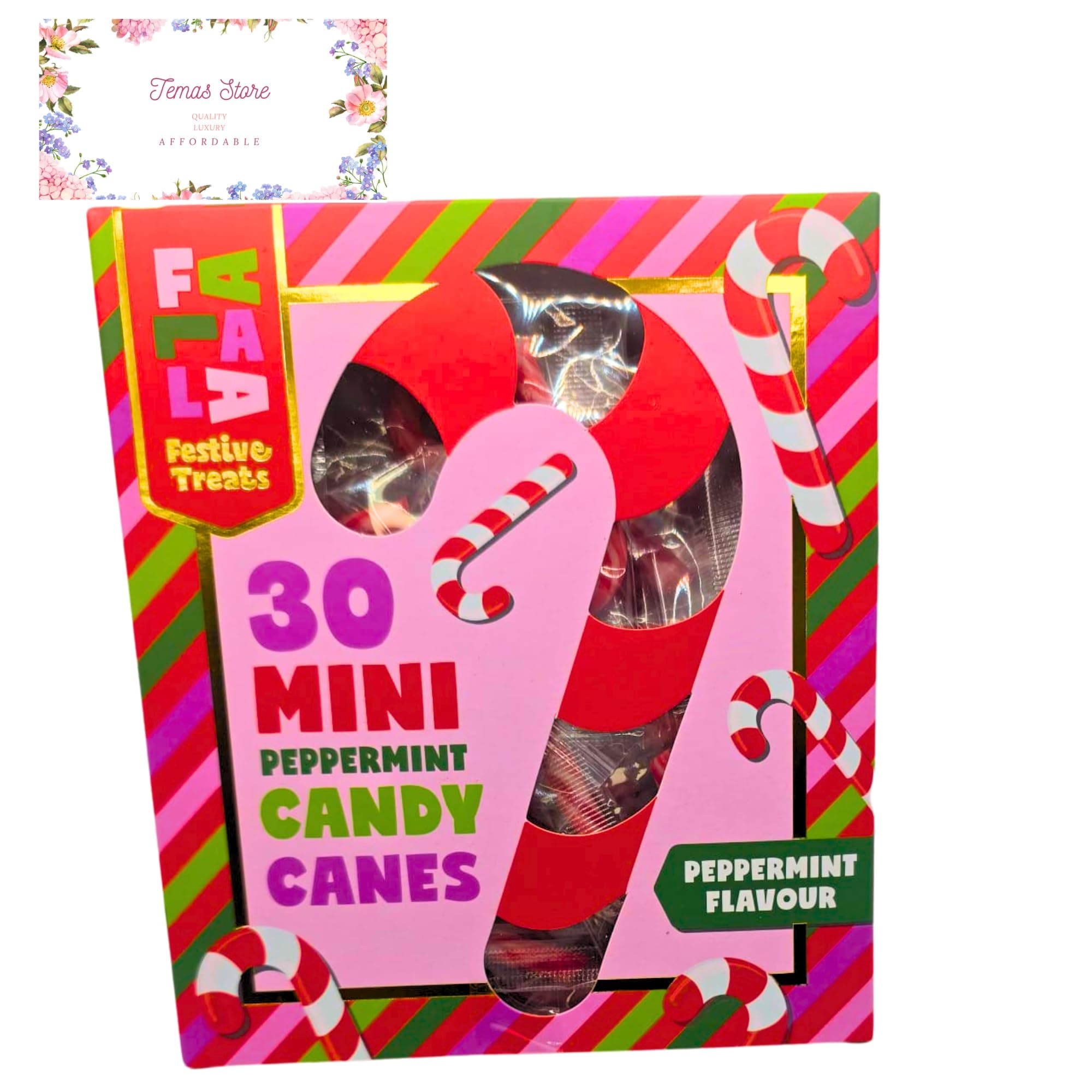 Temas Mini Christmas Candy Canes – 30 Individually Wrapped Peppermint Flavour Candy Canes – Festive Mini Candy Canes for Christmas Stockings, Tree Decorations, and Holiday Parties