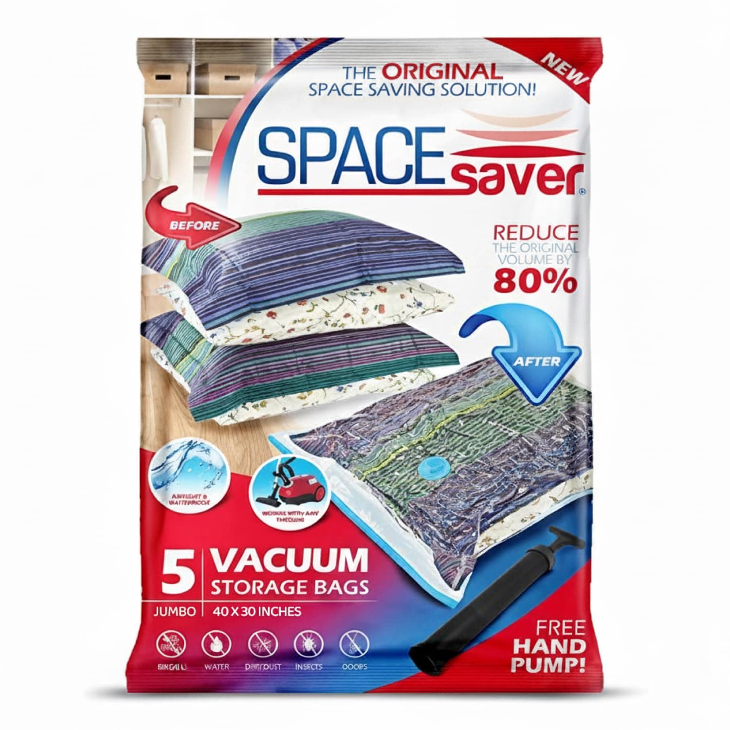 5 Pack Jumbo Vacuum Storage Bags for Comforters, Blankets & Clothes – Jumbo Vacuum Sealed Compression Bags with Hand Pump – Space Saver Storage Bags for Bedding, Moving, Travel & Organization
