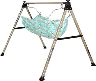 ZuMart® Baby Boy's and Girl's Portable Folding Swing Baby Cradle Ghodiyu Palna with Hammock Having Mosquito Net,Square,Steel