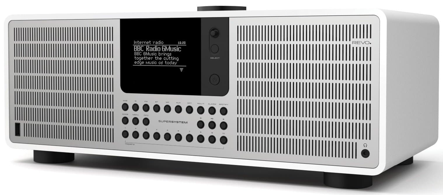 Revo Supersystem Music Player with Bluetooth, Wi-Fi and OLED Display - White/Silver