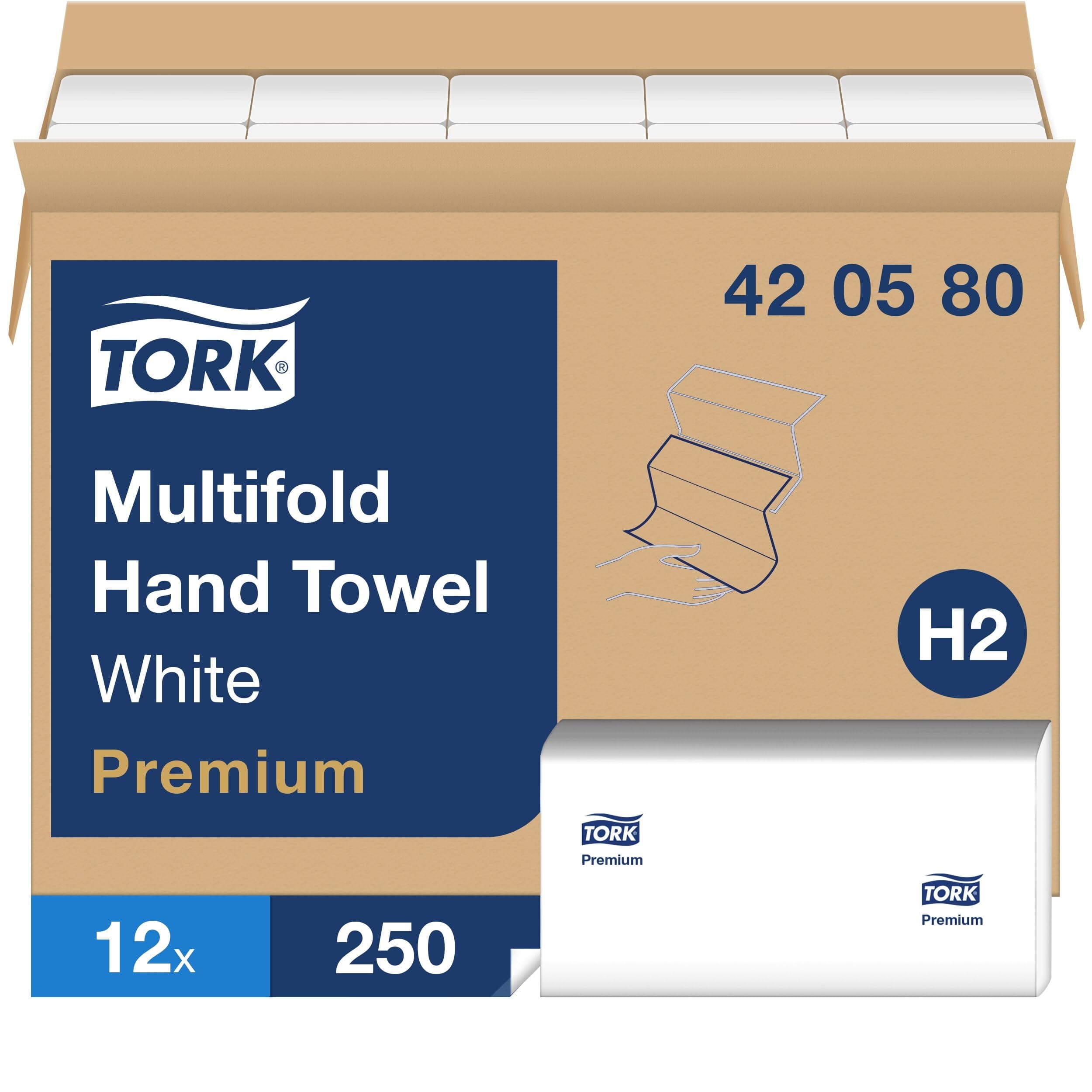 Multifold Hand Towel, White, H2, Premium, soft and absorbent, 1-Ply, 12 x 250 Sheets, 420580