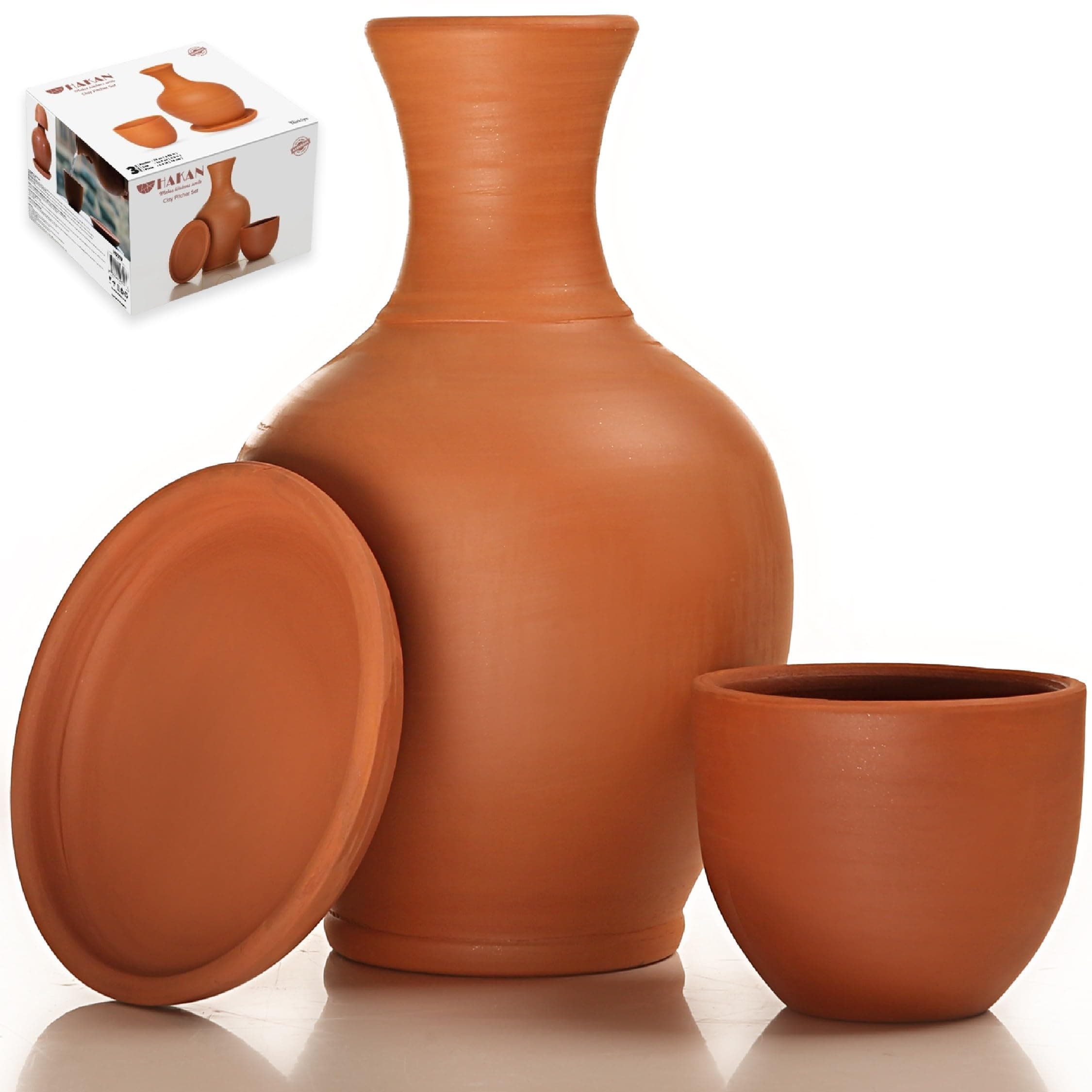 Hakan Terracotta 76 oz Earthen Water Carafe Set with Mug, Traditional Clay Pottery Jug for Drinking Water