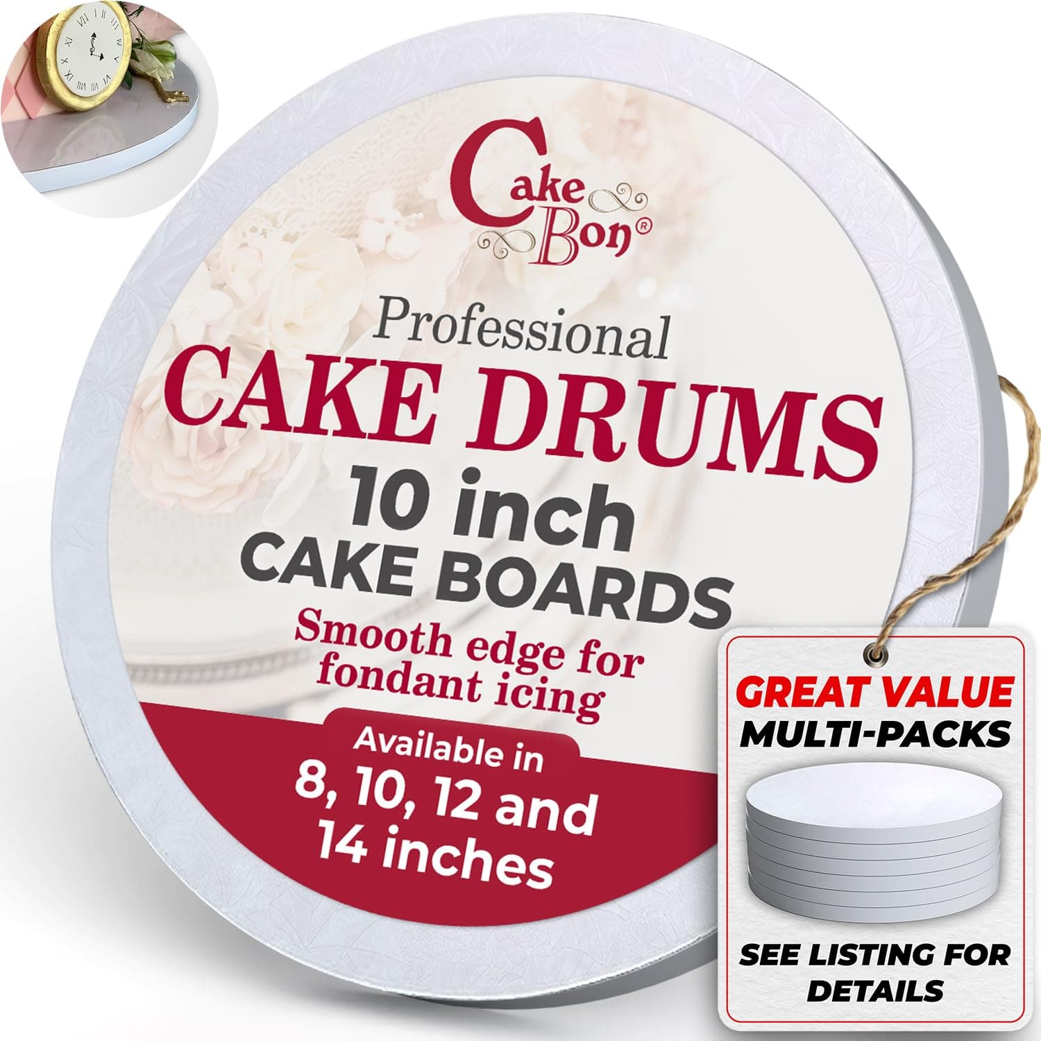 Cakebon Round Cake Boards - Sturdy 1/2 Thick Cake Drums - 10 Inch Professional Base Para Pastel Smooth Straight Edges White 12-Pack