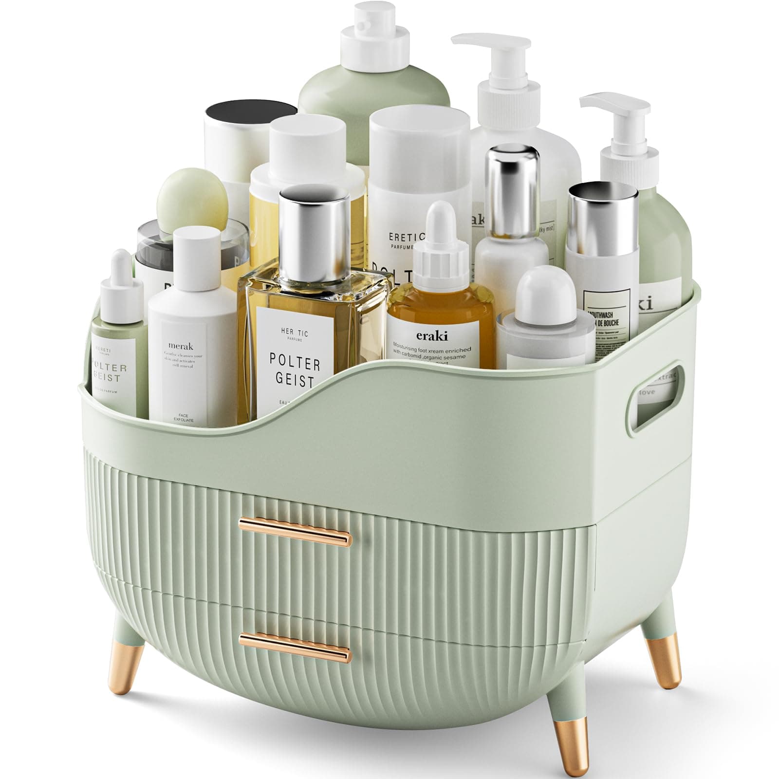 Pajiriona Makeup Organizer with Drawers, Green Skincare Organizer for Vanity, Storage Box with Handle, Large Cosmetic Display Case for Dresser, Bathroom Countertop