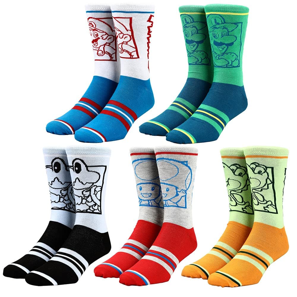 Super Mario Split Mens Collectible Crew Sock 5 pack