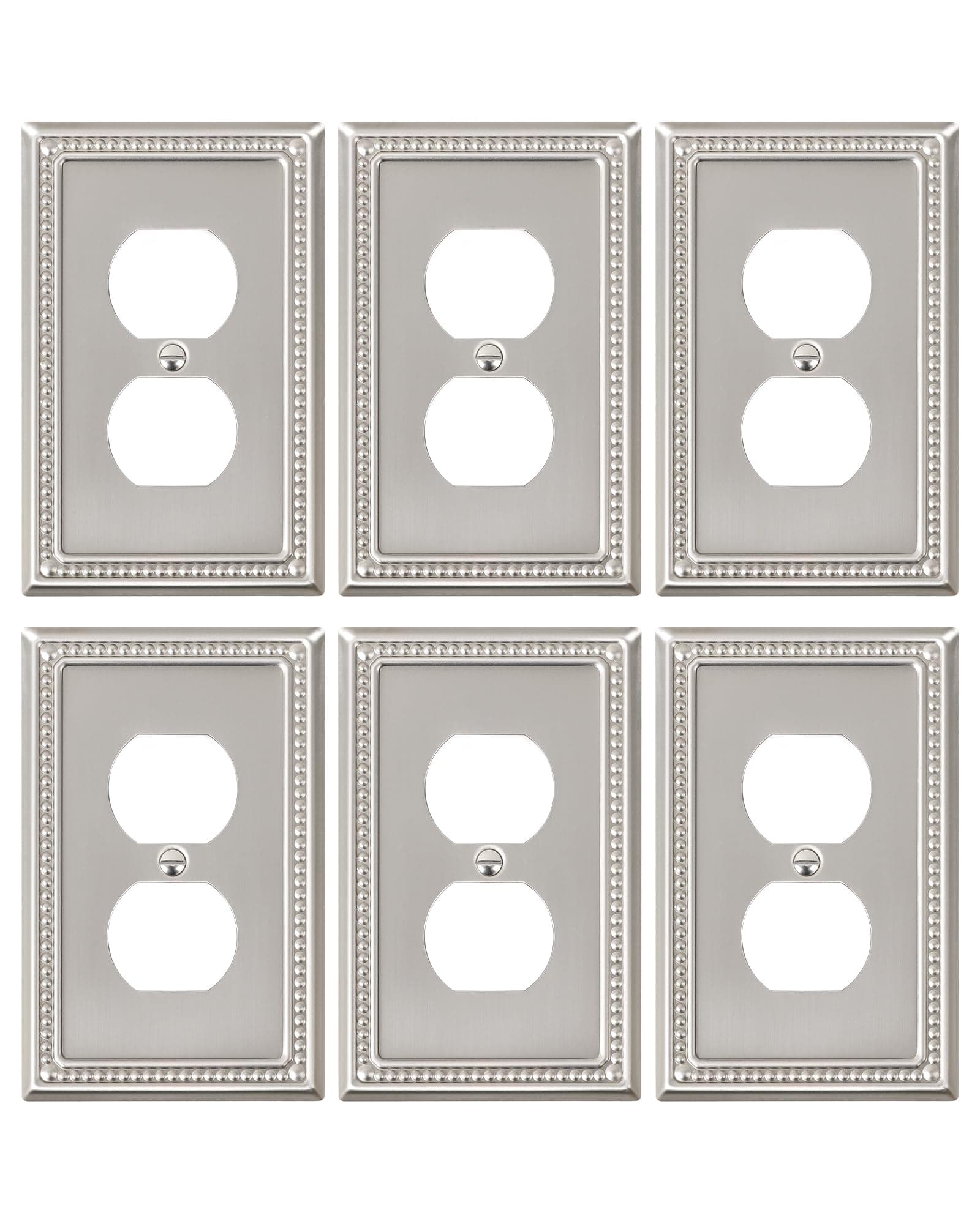 6-Pack Duplex Outlet Cover Plate, Metal Wall Plates for Electrical Outlets, Brushed Nickel 1 Gang Receptacle Cover, Pearls Decorative Switch Plates and Outlet Covers