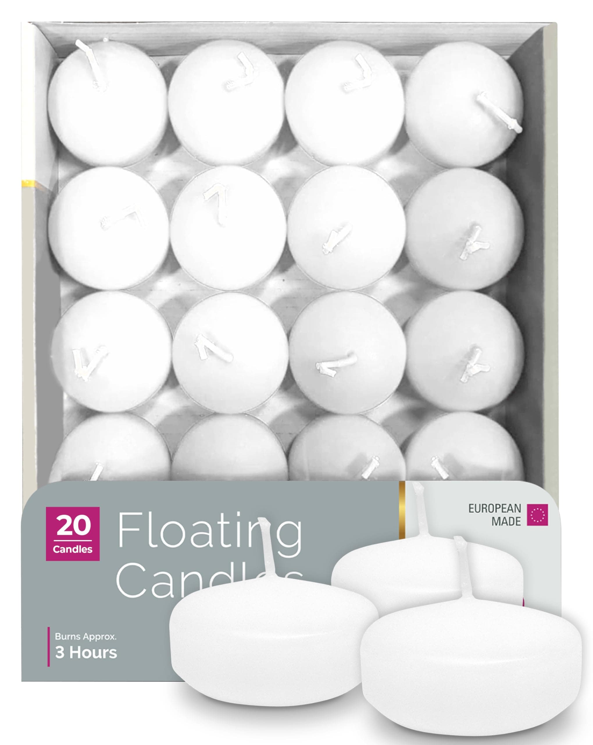 Premium White Floating Candles 1.75 Inch - 3 Hour - 20 Pack - European Made
