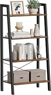 Vasagle Industrial Ladder Shelf, 4 Tier Bookshelf, Storage Rack Shelves, Bathroom, Living Room, Wood Look Accent Furniture, Metal Frame, Ulls44X, Rustic Brown + Black