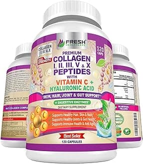 FRESH HEALTHCARE Multi Collagen Pills with Type I, II, III, V & X Peptides with Vitamin C, Hyaluronic Acid - Supports Healthy Hair, Skin, Nails and Joints - 120 Kosher Capsules