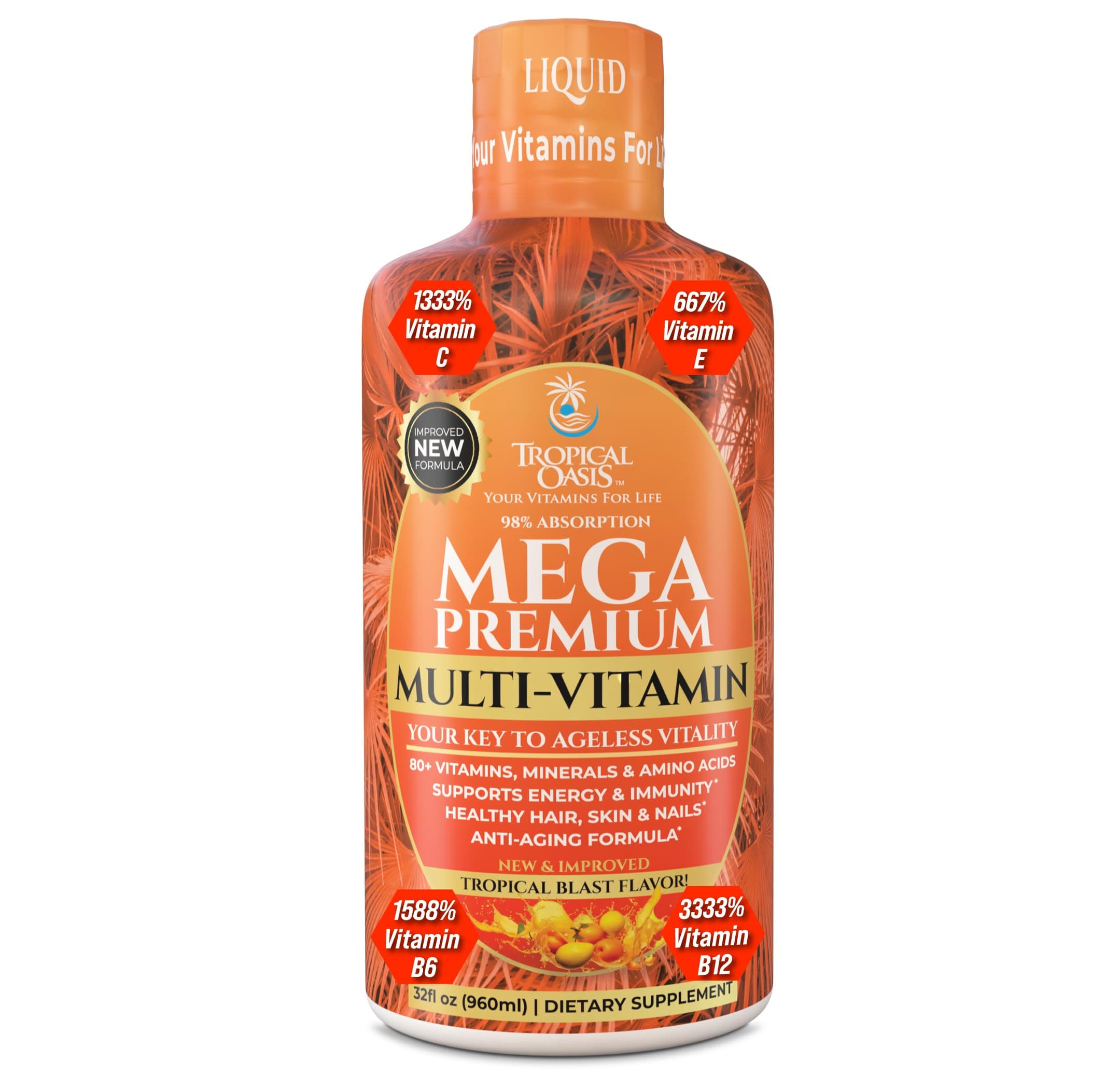 Mega Premium Liquid Multivitamin -Natural Anti Aging Multi-Vitamin w/20 Vitamins, 70 Minerals, 21 Amino Acids, CoQ10 & Organic Aloe Vera- Orange Flavor- 98% Absorption- 32 Serv