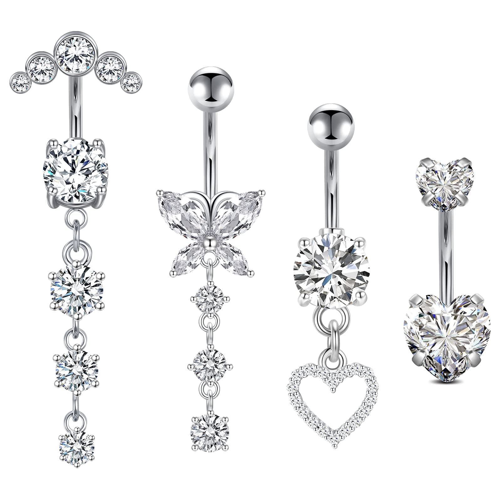 14G Dangle Belly Button Rings - Surgical Steel Silver and Rose Gold CZ Piercing Jewelry for Women