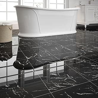 20-Pack Peel and Stick Floor Tiles Vinyl Floor 12 x 12 inch Self Adhesive Waterproof Flooring Planks DIY for Bathroom, Kitchen, Living Room, RV, Cover 20 Sq. Ft, Polish Black Marble