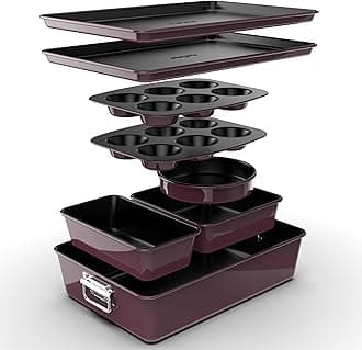 Non-Stick Bakeware Set 8-Piece, Stackable Oven-Safe Baking Trays, Cookie Sheet, Loaf, Muffin, Pizza, Round, Square Cake Pans, Space-Saving Kitchen Bakeware