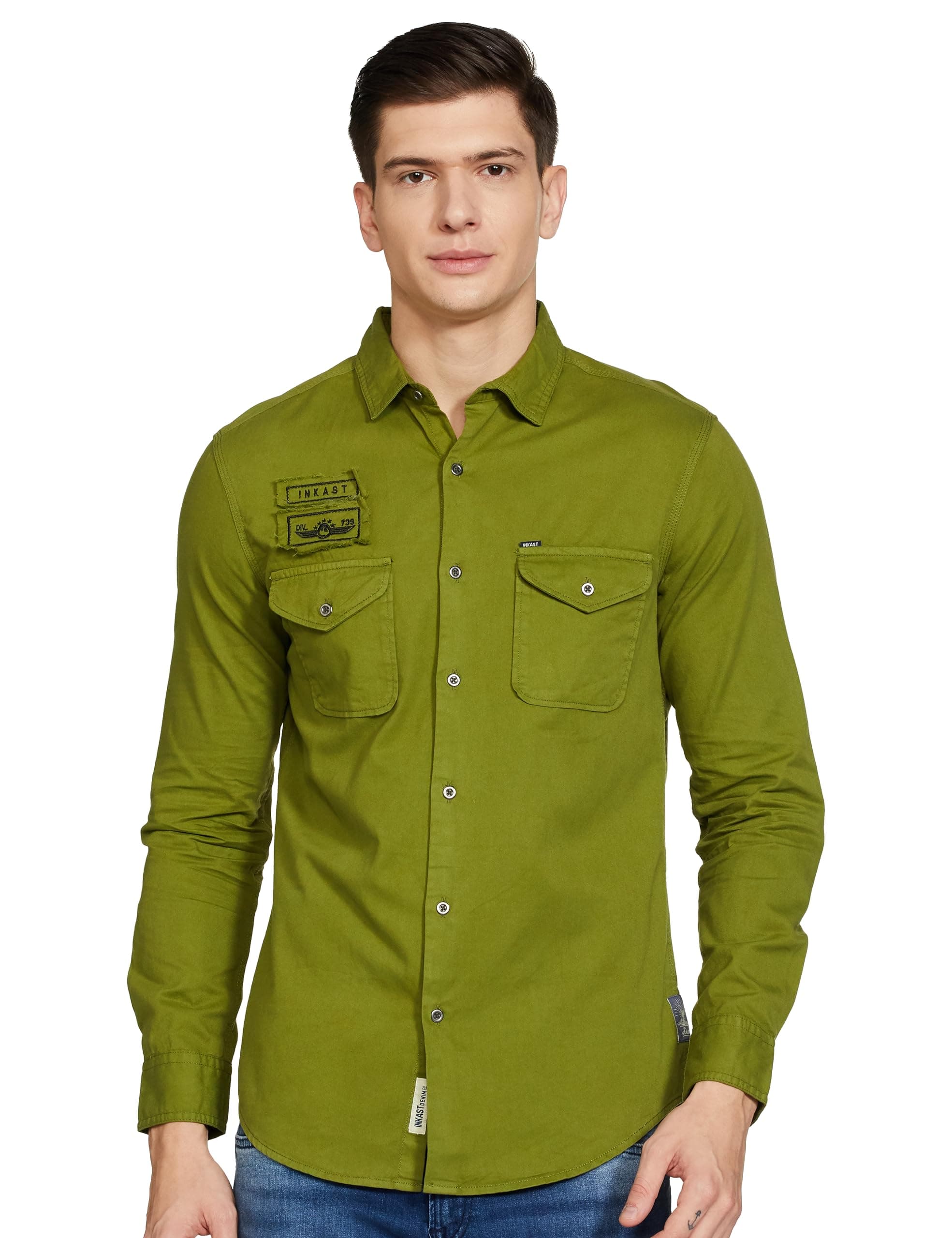 Amazon Brand - INKASTMen's Solid Double Pocket Cotton Shirt | Casual | Plain | Full Sleeve-Slim Fit (Available in Plus Size)