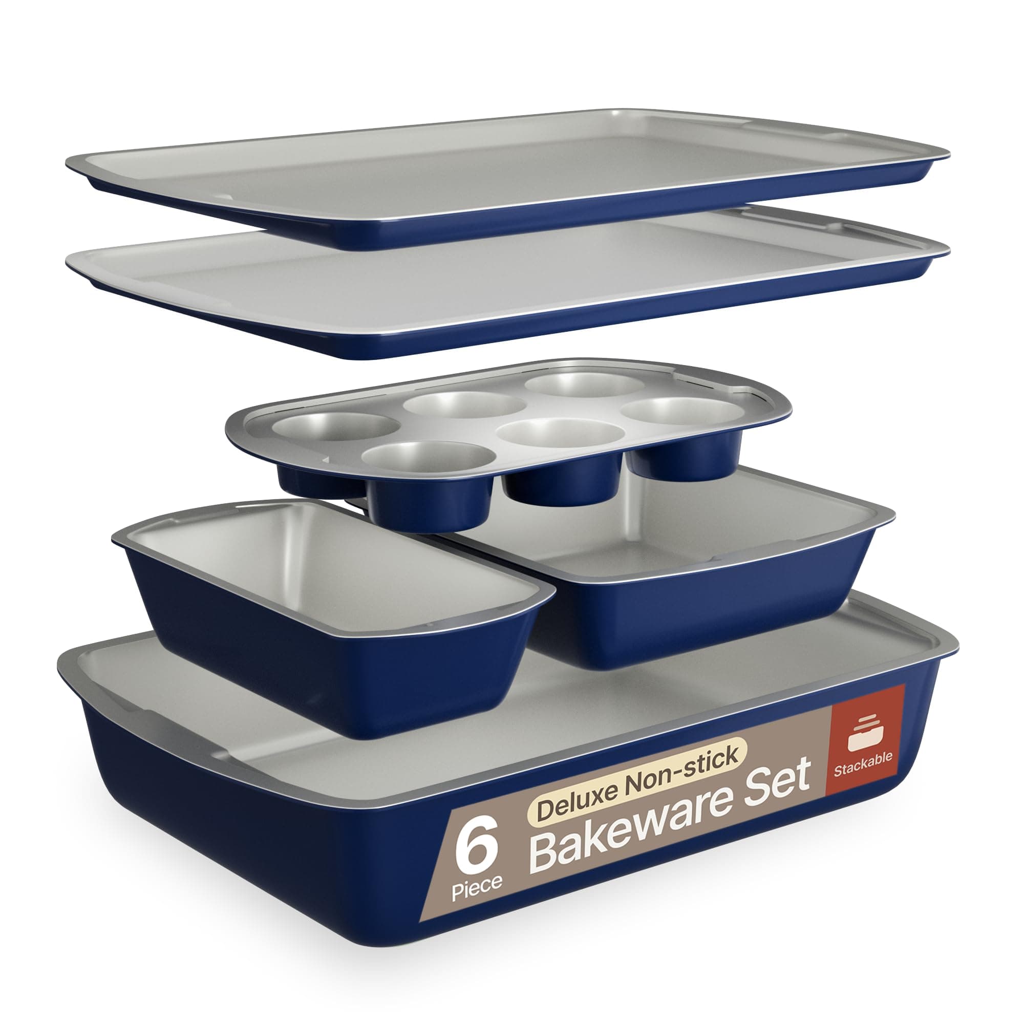 BAKKEN 6-Piece Kitchen Baking Pan Set - Royal Blue Color with Gray Ceramic Nonstick Coating, Commercial Grade Carbon Steel Bakeware, Baking Essentials, PFOA, PFOS, PTFE Free, Oven Safe (Up To 450° F)