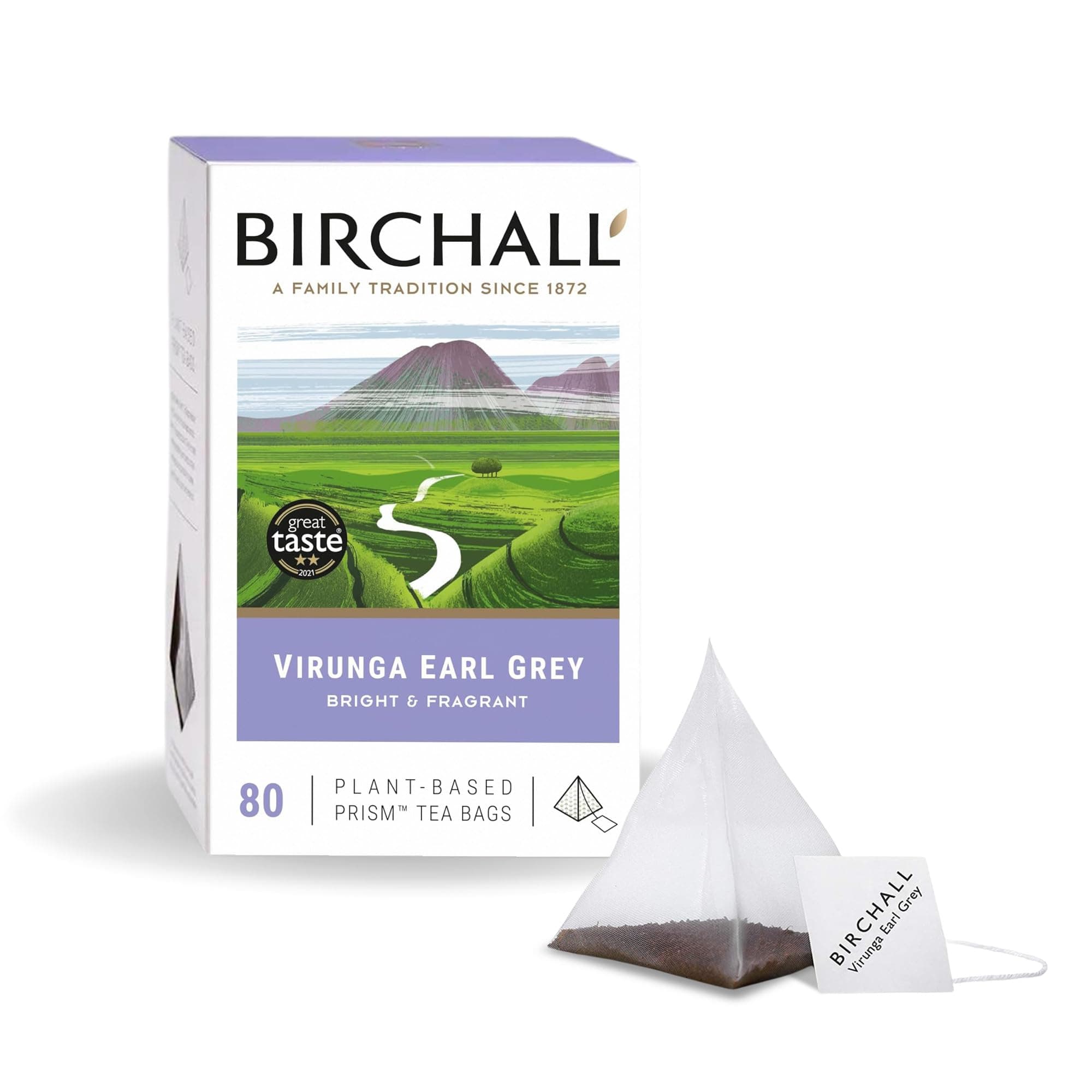 Birchall Tea Bags, Virunga Earl Grey Tea, Afternoon Black Tea Bursting with Full Flavour, 80 Plant-Based Prism Tea Bags