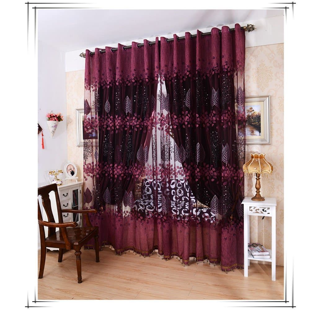 Half Shading Window Curtain Leaves Pattern Curtains for Living Room Decoration Screening Pastoral Voile Bedroom Decal 2Pcs Burgundy