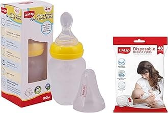 LuvLap Feeding Spoon with Squeezy Food Grade Silicone Feeder Bottle, for Infant Baby, 180ml, BPA Free & Ultra Thin Honeycomb Nursing Breast Pads, 48pcs, Disposable, High Absorbent, Discreet Fit