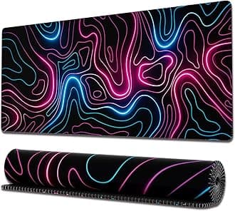Ovenbird Gaming Mouse Pad with Stitched Edges, Topographic Map Pink Mouse Pad, Extended XL Mousepad with Anti-Slip Base, Cool Neon Large Mouse Pad for Desk, 31.5 x 11.8 in, Pink and Blue